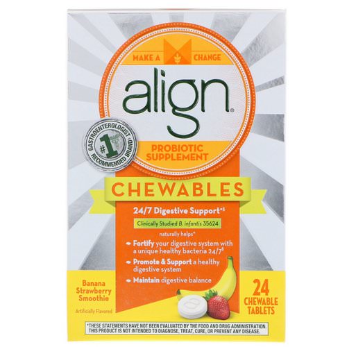 Align Probiotics, 24/7 Digestive Support, Probiotic Supplement, Chewables, Banana Strawberry Smoothie, 24 Chewable Tablets Review
