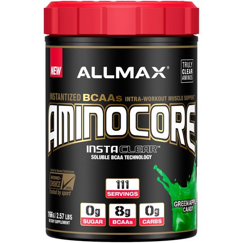 ALLMAX Nutrition, AMINOCORE, BCAA, 8G BCAAs, 100% Pure 45:30:25 Ratio, Gluten Free, Green Apple Candy, 2.57 lb (1166 g) Review