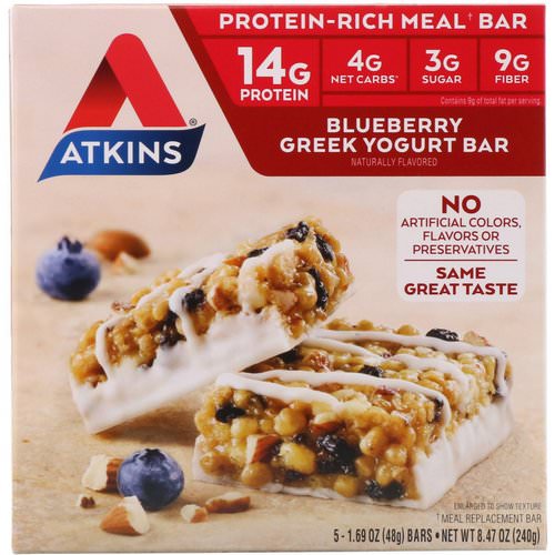Atkins, Greek Yogurt Bar, Blueberry, 5 Bars, 1.69 oz (48 g) Each Review