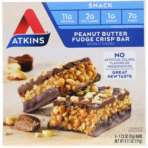 Atkins, Snack, Peanut Butter Fudge Crisp Bar, 5 Bars, 1.2 oz (35 g) Each Review