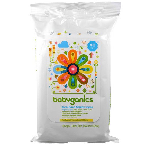 BabyGanics, Face, Hand & Baby Wipes, Fragrance Free, 40 Wipes, (8.0 in x 6.0 in) Each Review