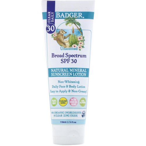 Badger Company, Clear Daily, Natural Mineral Sunscreen Lotion, Clear Zinc, SPF 30, Unscented, 4 fl oz (118 ml) Review