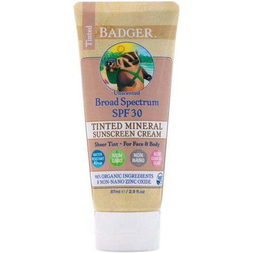 Badger Company, Tinted Mineral Sunscreen Cream, Broad Spectrum SPF 30, Unscented, 2.9 fl oz (87 ml) Review