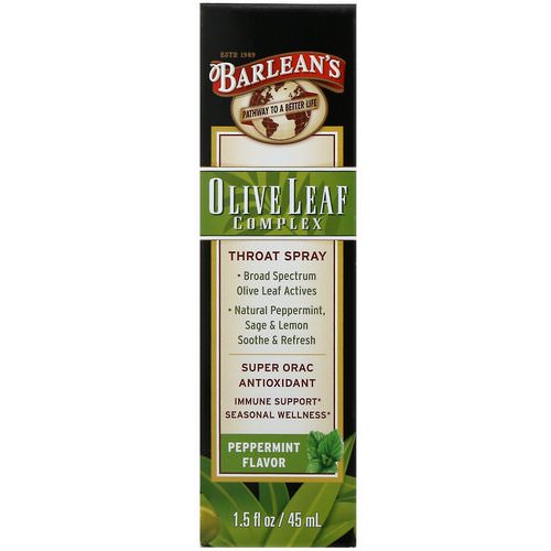 Barlean's, Olive Leaf Complex, Throat Spray, Peppermint Flavor, 1.5 fl oz (45 ml) Review