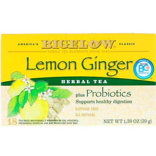 Bigelow, Herbal Tea Plus Probiotics, Lemon Ginger, Caffeine Free, 18 Tea Bags, 1.39 oz (39 g) Review