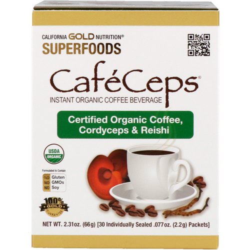 California Gold Nutrition, CafeCeps, Certified Organic Instant Coffee with Cordyceps and Reishi Mushroom Powder, 30 Packets, .077 oz (2.2 g) Each Review
