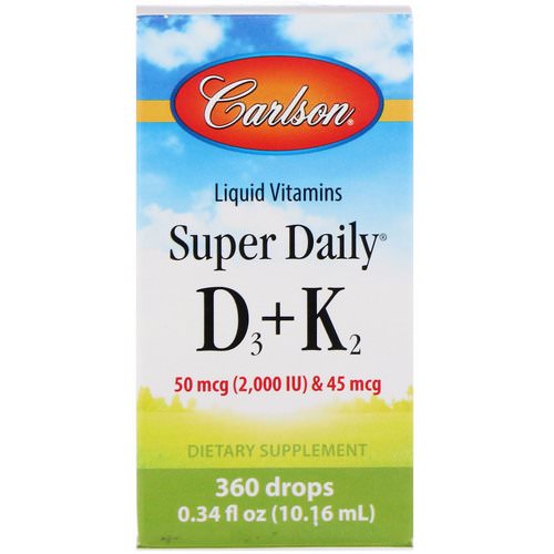 Carlson Labs, Liquid Vitamins, Super Daily D3+K2, 50 mcg (2,000 IU) & 45 mcg, 0.34 fl oz (10.16 ml) Review