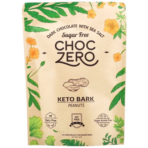 ChocZero Inc, Dark Chocolate With Sea Salt Keto Bark, Peanuts, Sugar Free, 6 Bars, 1 oz Each Review