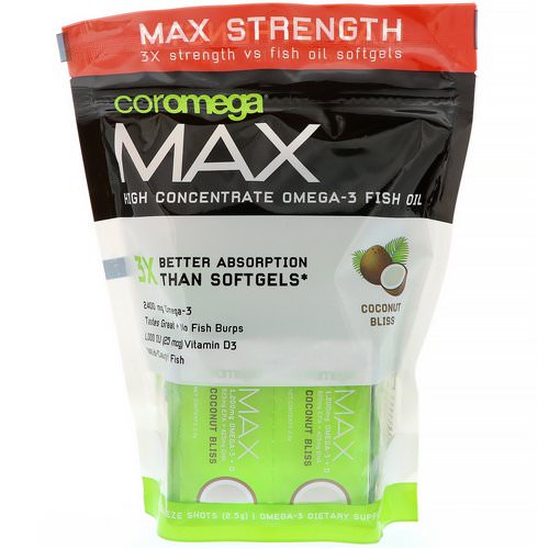 Coromega, Max, High Concentrate Omega-3 Fish Oil, Coconut Bliss, 2,400 mg, 60 Squeeze Shots, 2.5 g Each Review