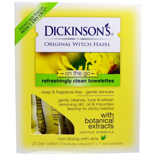 Dickinson Brands, Original Witch Hazel On the Go, Refreshingly Clean Towelettes, 20 Per Carton, 5