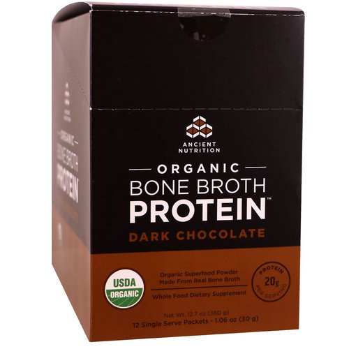 Dr. Axe / Ancient Nutrition, Organic Bone Broth Protein, Dark Chocolate, 12 Single Serve Packets, 1.06 oz (30 g) Each Review
