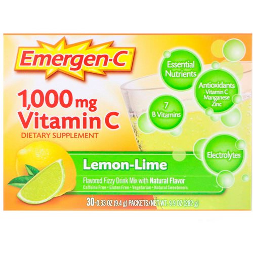 Emergen-C, Vitamin C, Flavored Fizzy Drink Mix, Lemon-Lime, 1,000 mg, 30 Packets, 0.33 oz (9.4 g) Each Review