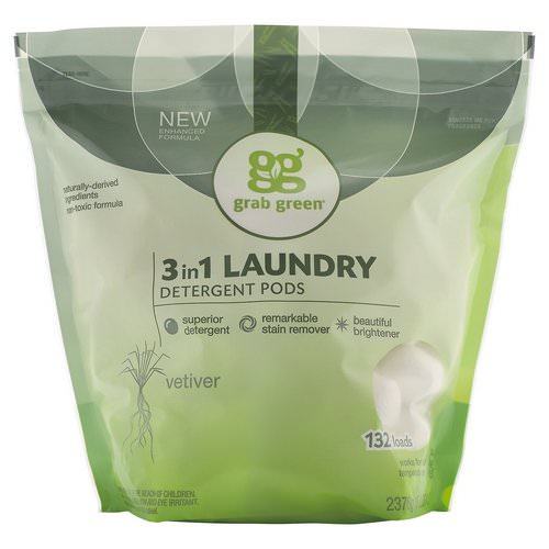Grab Green, 3 in 1 Laundry Detergent Pods, Vetiver,132 Loads, 5lbs, 4oz (2,376 g) Review