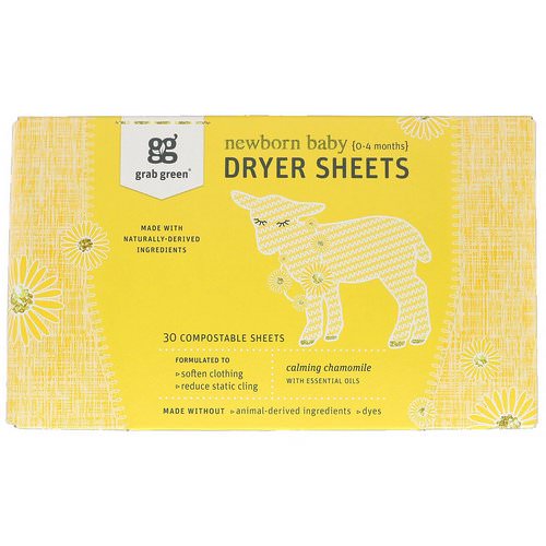Grab Green, Dryer Sheets, Newborn Baby, Calming Chamomile with Essential Oils, 0-4 Months, 30 Compostable Sheets Review