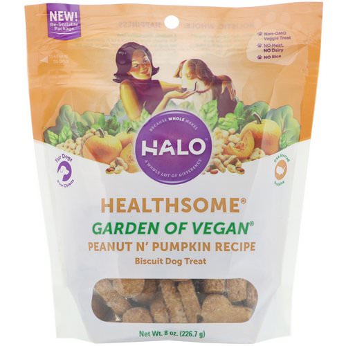 Halo, Healthsome, Garden of Vegan, Peanut N' Pumpkin Recipe, Biscuit Dog Treat, 8 oz (226.7 g) Review