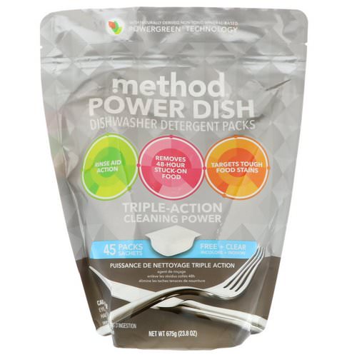 Method, Power Dish, Dishwasher Detergent Packs, Free + Clear, 45 Packs, 23.8 oz (675 g) Review