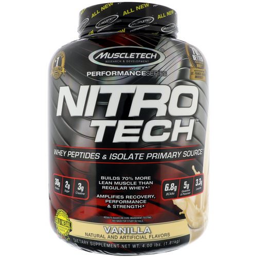 Muscletech, Nitro Tech, Whey Peptides & Isolate Primary Source, Vanilla, 4 lbs (1.81 kg) Review
