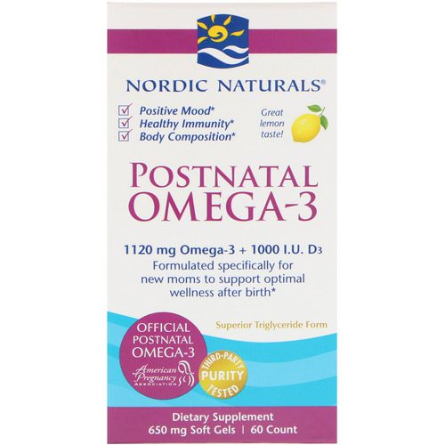 Nordic Naturals, Postnatal Omega-3, Lemon, 650 mg, 60 Soft Gels Review