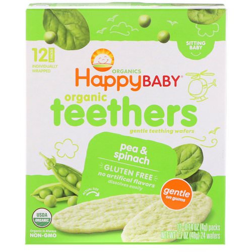 Happy Family Organics, Organic Teethers, Gentle Teething Wafers, Sitting Baby, Pea & Spinach, 12 Packs, 0.14 oz (4 g) Each Review