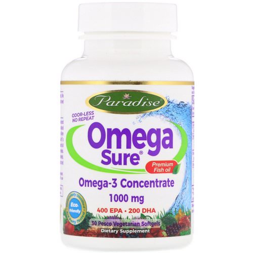 Paradise Herbs, Omega Sure, Omega-3 Premium Fish Oil, 1,000 mg, 30 Pesco Vegetarian Softgels Review