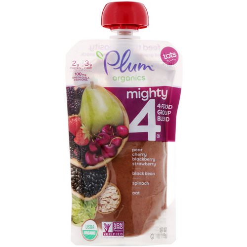 Plum Organics, Tots, Mighty 4, 4 Food Group Blend, Pear, Cherry, Blackberry, Strawberry, Black Bean, Spinach, Oat, 4 oz (113 g) Review
