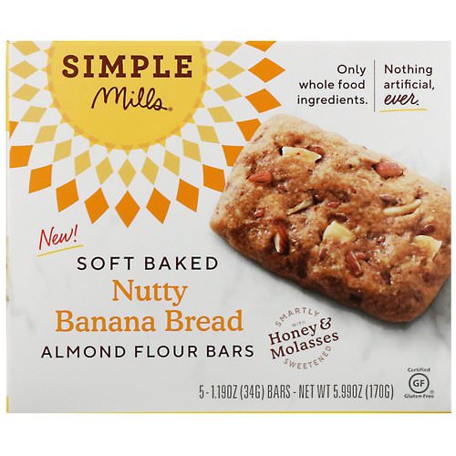 Simple Mills, Soft-Baked Almond Flour Bars, Nutty Banana Bread, 5 Bars, 1.19 oz (34 g) Each Review