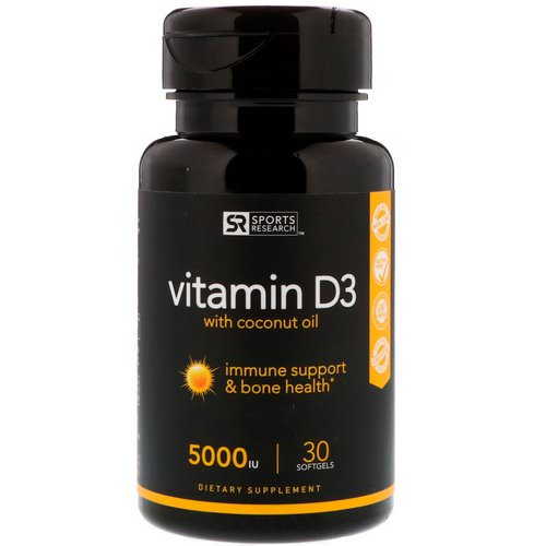 Sports Research, Vitamin D3 with Coconut Oil, 125 mcg (5000 IU), 30 Softgels Review