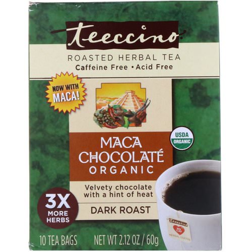 Teeccino, Organic Roasted Herbal Tea, Maca Chocolate, Dark Roast, Caffeine Free, 10 Tea Bags, 2.12 oz (60 g) Review