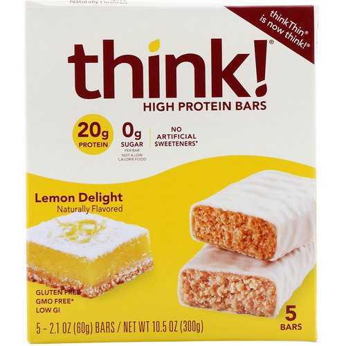 ThinkThin, High Protein Bars, Lemon Delight, 5 Bars, 2.1 oz (60 g) Each Review