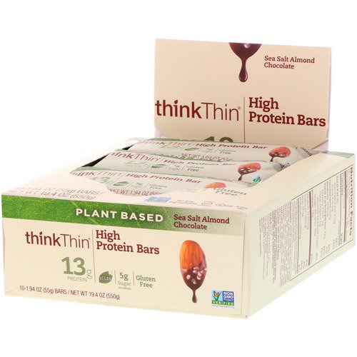 ThinkThin, High Protein Bars, Sea Salt Almond Chocolate, 10 Bars, 1.94 oz (55 g) Each Review