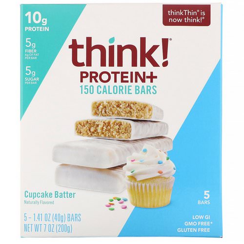 ThinkThin, Protein+ 150 Calorie Bars, Cupcake Batter, 5 Bars, 1.41 oz (40 g) Each Review