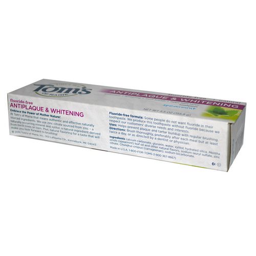 Tom's of Maine, Antiplaque & Whitening, Fluoride-Free Toothpaste, Spearmint, 5.5 oz (155.9 g) Review
