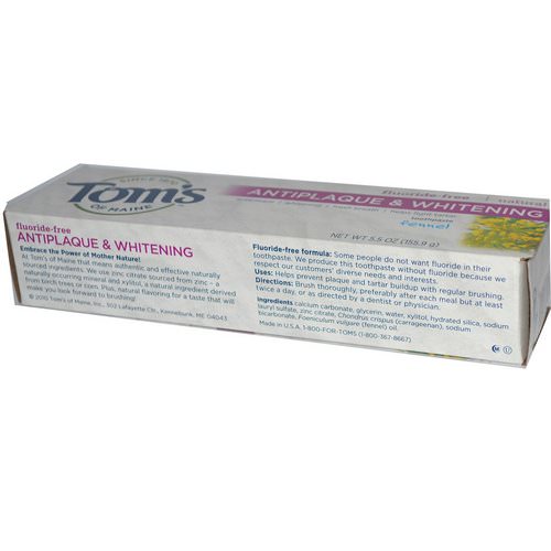 Tom's of Maine, Natural Antiplaque & Whitening Toothpaste, Fluoride-Free, Fennel, 5.5 oz (155.9 g) Review