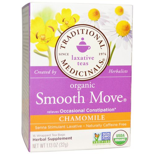 Traditional Medicinals, Laxative Teas, Organic Smooth Move, Chamomile, Naturally Caffeine Free Herbal Tea, 16 Wrapped Tea Bags, 1.13 oz (32 g) Review