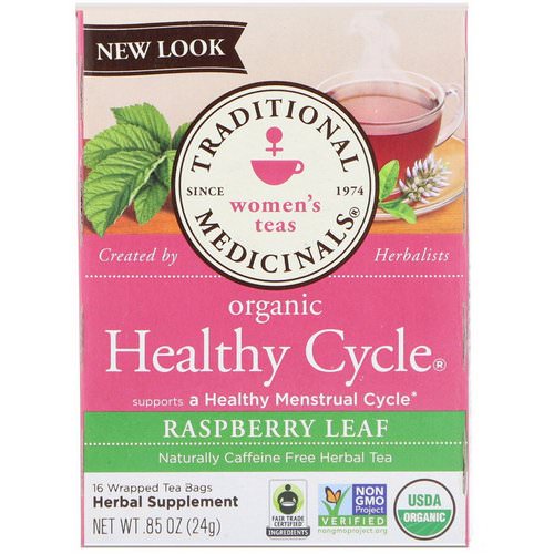 Traditional Medicinals, Women's Teas, Organic Healthy Cycle, Raspberry Leaf, Caffeine Free Herbal Tea, 16 Wrapped Tea Bags, .85 oz (24 g) Review