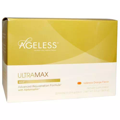 Ageless Foundation Laboratories, UltraMax Gold, Advanced Rejuvenation Formula with Alphatrophin, Valencia Orange Flavor, 22 Packets, 13.5 oz (17.4 g) Each Review