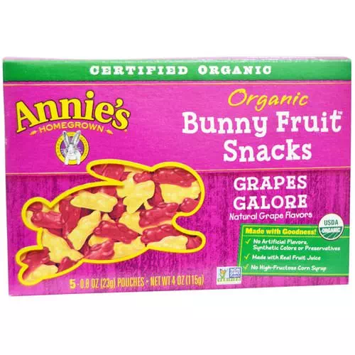 Annie's Homegrown, Organic Bunny Fruit Snacks, Grapes Galore, 5 Pouches, 0.8 oz (23 g) Each Review
