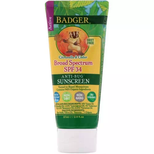 Badger Company, Anti-Bug Sunscreen, SPF 34 PA+++, Citronella & Cedar, 2.9 fl oz (87 ml) Review