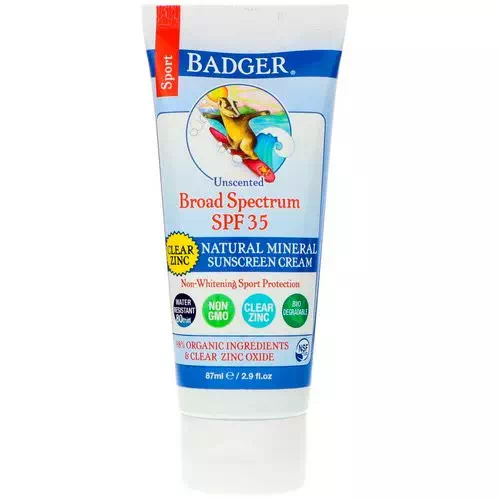 Badger Company, Sport, Natural Mineral Sunscreen Cream, Clear Zinc, SPF 35, Unscented, 2.9 fl oz (87 ml) Review