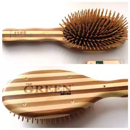 Extra Large Oval, Hair Brush, Cushion, Wood Bristles with Stripped Bamboo Handle