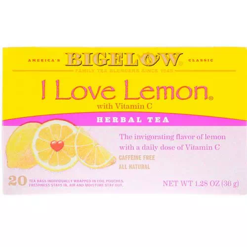 Bigelow, Herbal Tea, I Love Lemon with Vitamin C, Caffeine Free, 20 Tea Bags, 1.28 oz (36 g) Review
