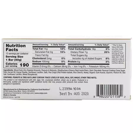 California Gold Nutrition CGN, Plant Based Protein Bars, Snack Bars