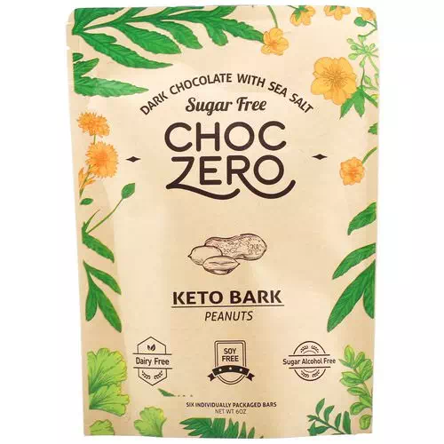 ChocZero Inc, Dark Chocolate With Sea Salt Keto Bark, Peanuts, Sugar Free, 6 Bars, 1 oz Each Review