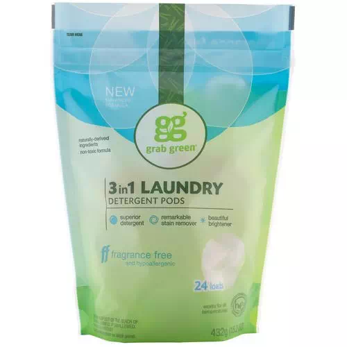 Grab Green, 3-in-1 Laundry Detergent Pods, Fragrance Free, 24 Loads, 15.2 oz (432 g) Review