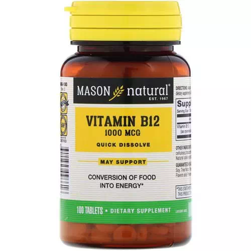 Mason Natural, Vitamin B-12, Quick Dissolve, 1,000 mcg, 100 Tablets Review
