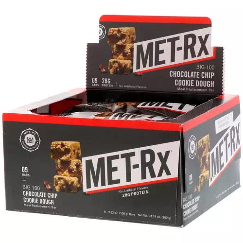 MET-Rx, Big 100, Meal Replacement Bar, Chocolate Chip Cookie Dough, 9 Bars, 3.52 oz (100 g) Each Review