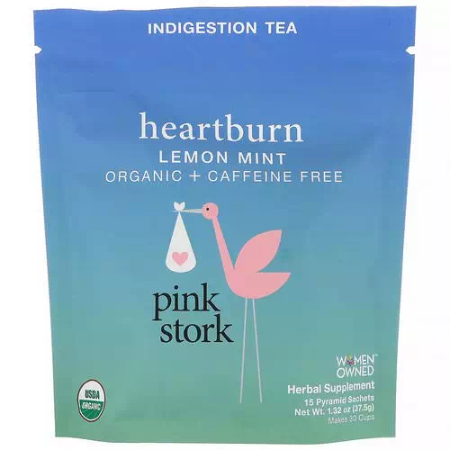 Pink Stork, Heartburn, Indigestion Tea, Lemon Mint, Caffeine Free, 15 Pyramid Sachets, 1.32 oz (37.5 g) Review
