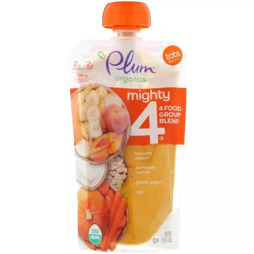 Plum Organics, Tots, Mighty 4, 4 Food Group Blend, Banana, Peach, Pumpkin, Carrot, Greek Yogurt, Oat, 4 oz (113 g) Review
