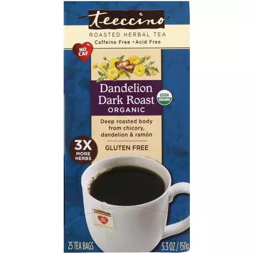 Teeccino, Organic Roasted Herbal Tea, Dandelion Dark Roast, Caffeine Free, 25 Tea Bags, 5.3 oz (150 g) Review
