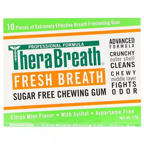 TheraBreath, Fresh Breath, Sugar Free Chewing Gum, Citrus Mint Flavor, 6 Pack, 10 Pieces Each Review